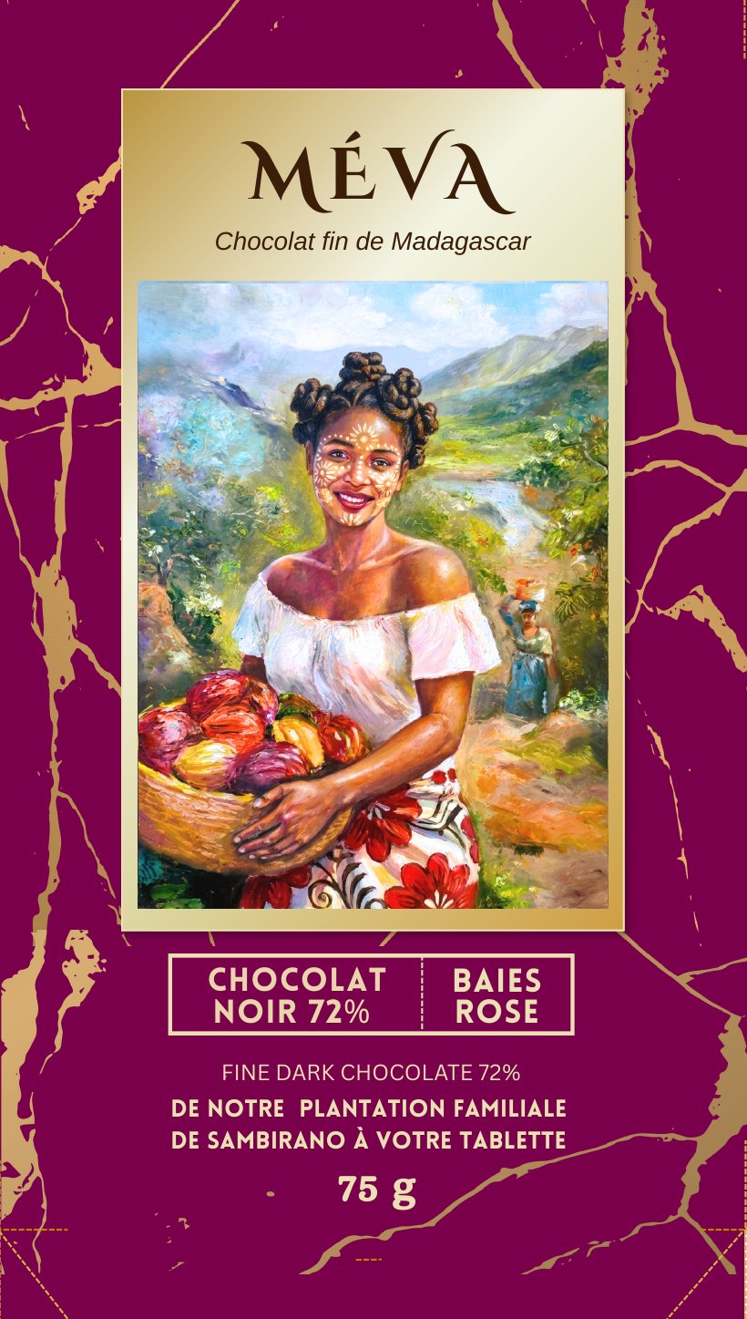 Tablette Méva Chocolat Noir 72 % Baies Roses