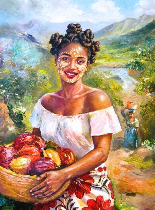 Illustration de Ny Avo Razafimanajato : une productrice malgache portant un panier de cabosses